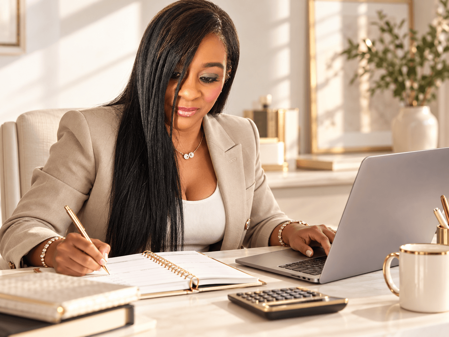 Rae in her financial workspace